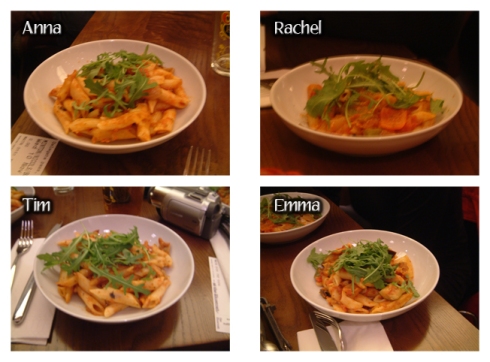 Four plates of pasta; Anna's, Tim's, Emma's, Rachel's